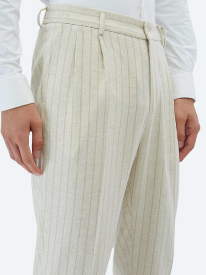 Bej Çizgili Comfort Fit Keten Karışımlı Takım Elbise