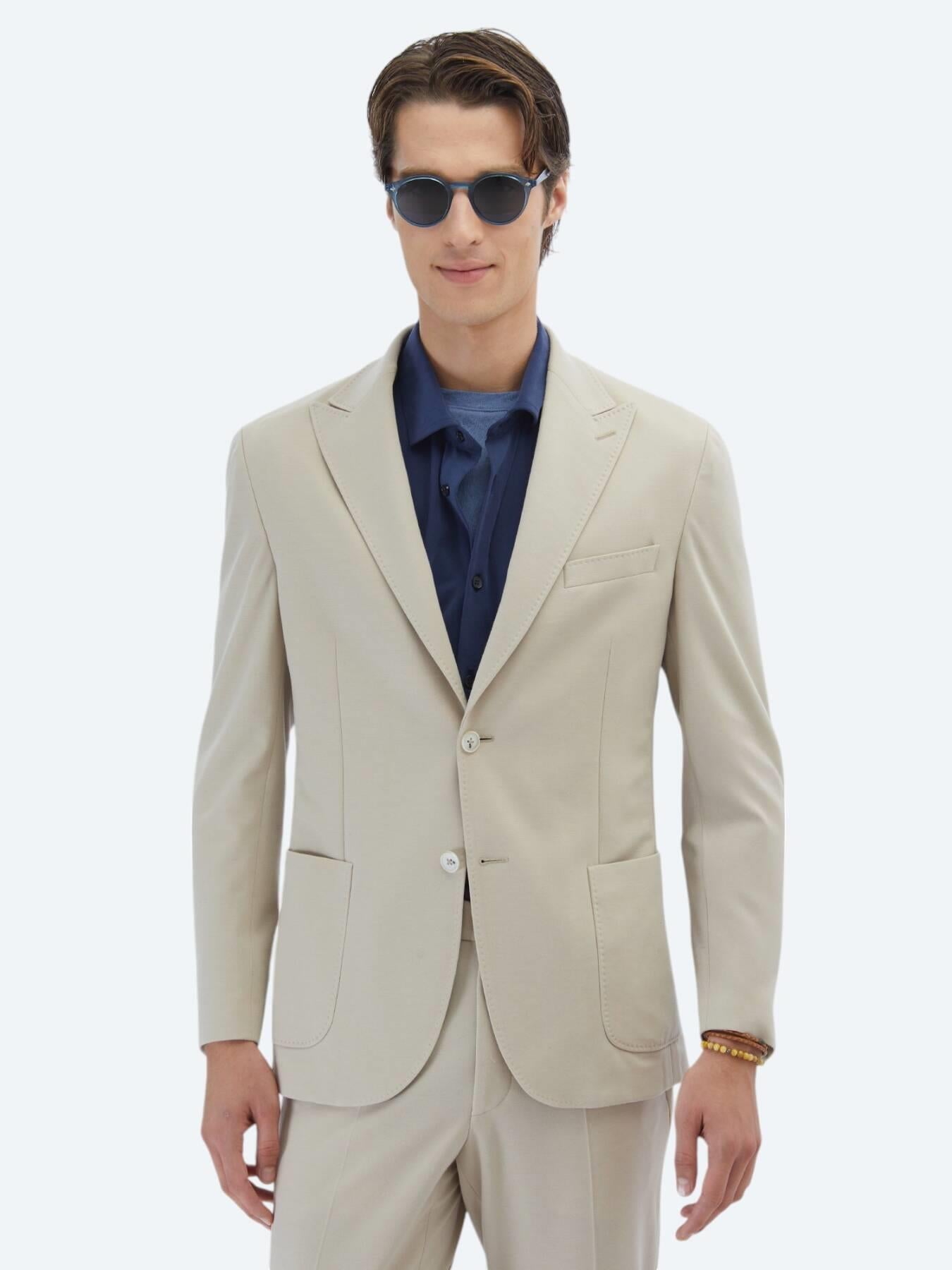Bej Düz Modern Fit %100 Pamuk Örme Takım Elbise