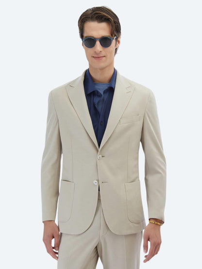 Bej Düz Modern Fit %100 Pamuk Örme Takım Elbise