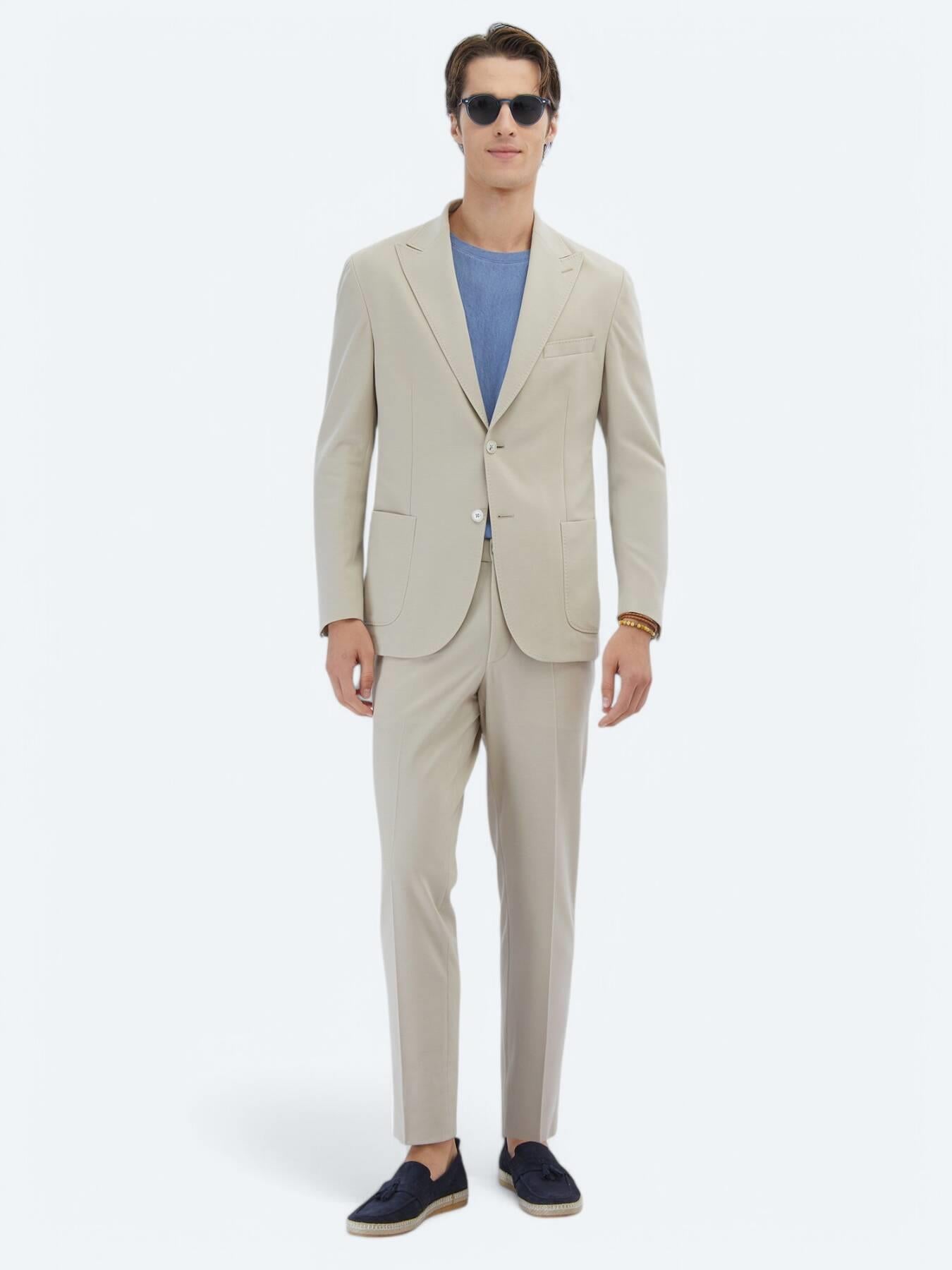Bej Düz Modern Fit %100 Pamuk Örme Takım Elbise