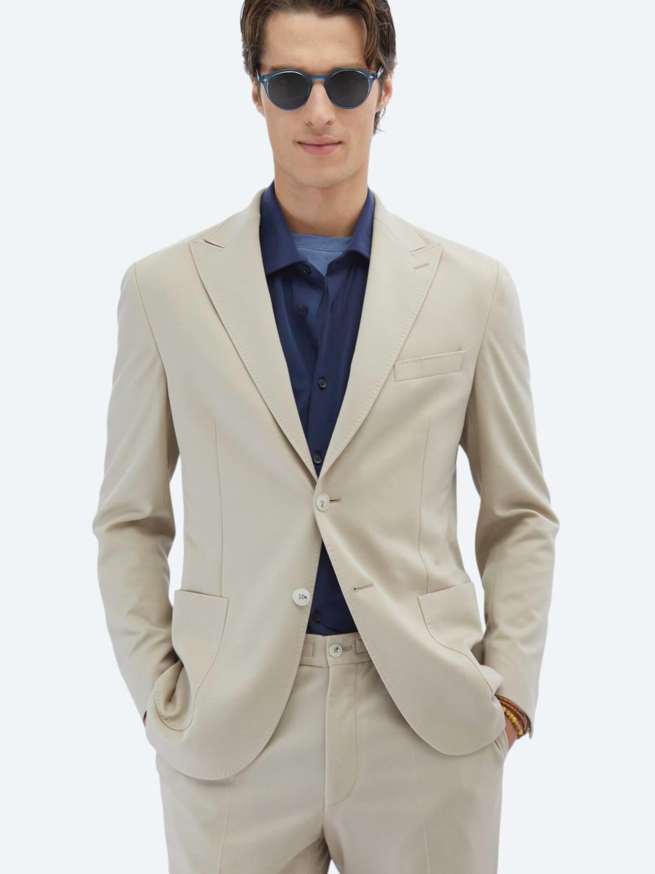 Bej Düz Modern Fit %100 Pamuk Örme Takım Elbise