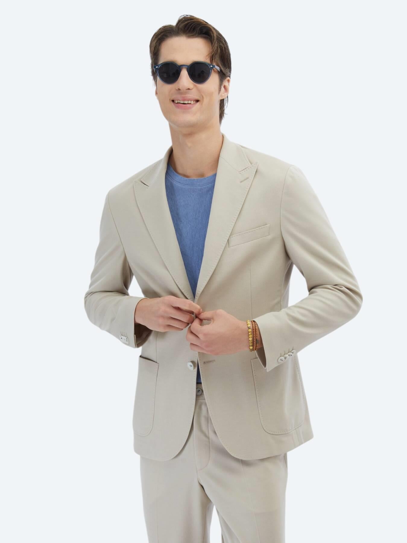 Bej Düz Modern Fit %100 Pamuk Örme Takım Elbise