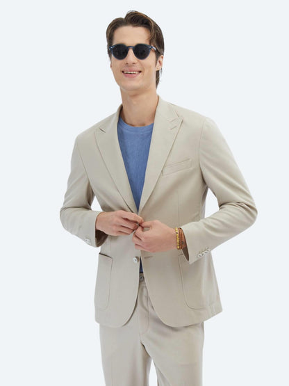 Bej Düz Modern Fit %100 Pamuk Örme Takım Elbise