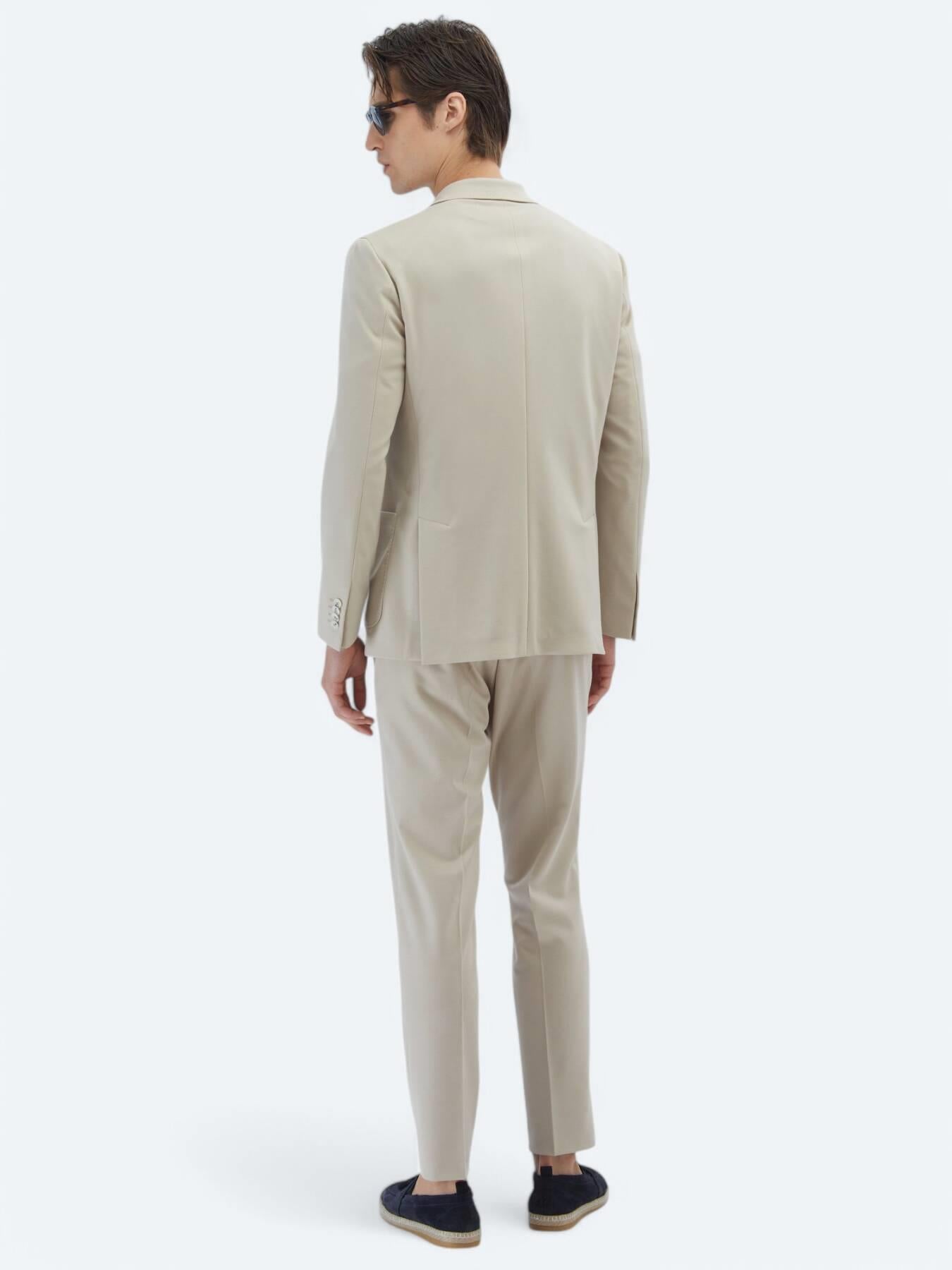 Bej Düz Modern Fit %100 Pamuk Örme Takım Elbise