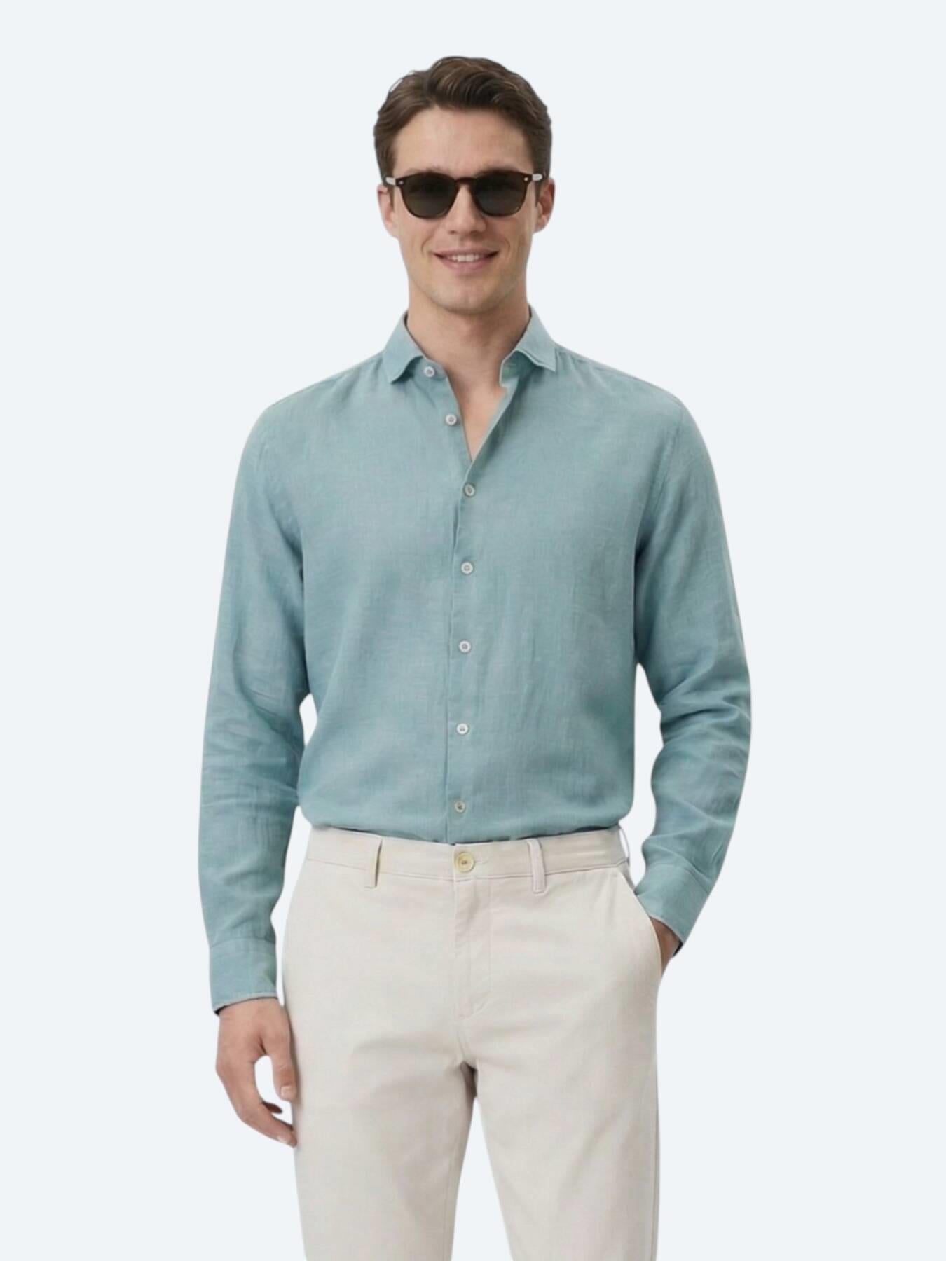 Nil Yeşili Düz Regular Fit Uzun Dokuma Casual Pamuk Karışımlı Gömlek
