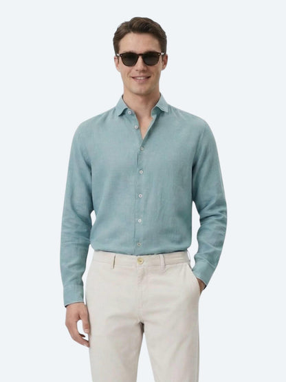 Nil Yeşili Düz Regular Fit Uzun Dokuma Casual Pamuk Karışımlı Gömlek