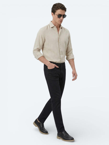 Ekru Düz Regular Fit Uzun Dokuma Casual Pamuk Karışımlı Gömlek