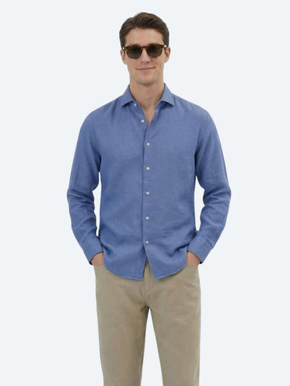 Havacı Mavi Düz Regular Fit Uzun Dokuma Casual Pamuk Karışımlı Gömlek