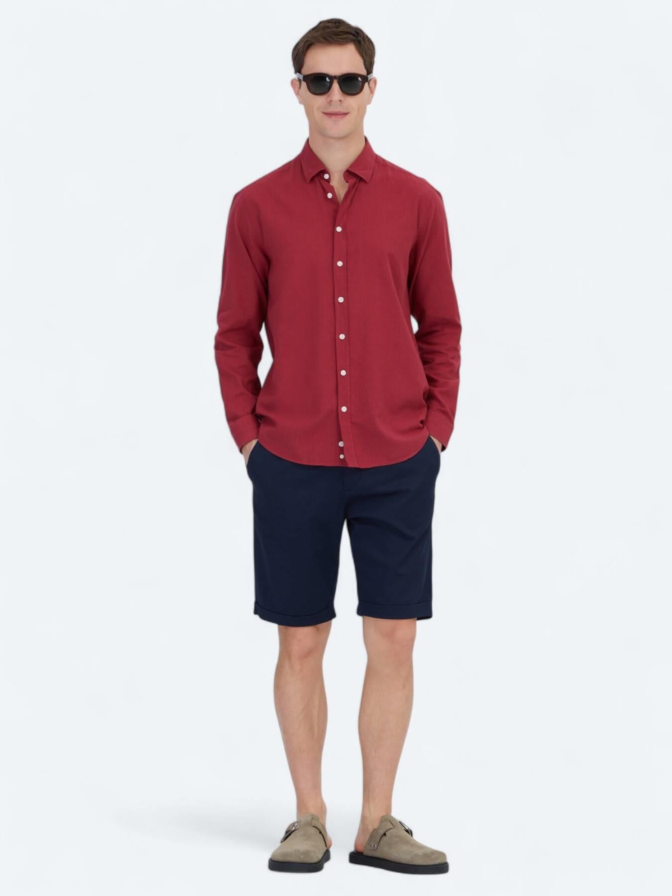 Kırmızı Düz Regular Fit Uzun Dokuma Casual %100 Pamuk Gömlek