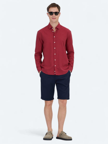 Kırmızı Düz Regular Fit Uzun Dokuma Casual %100 Pamuk Gömlek