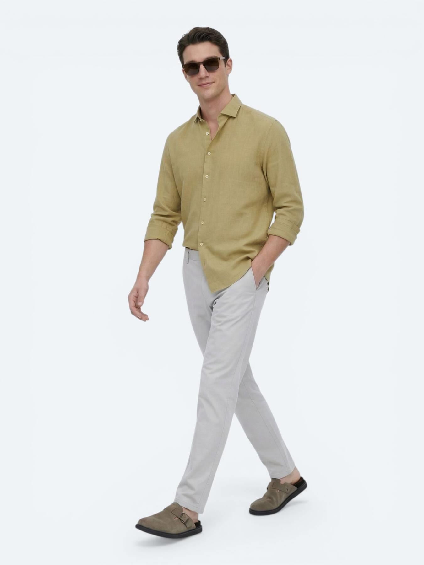 Limon Küfü Düz Regular Fit Uzun Dokuma Casual Pamuk Karışımlı Gömlek