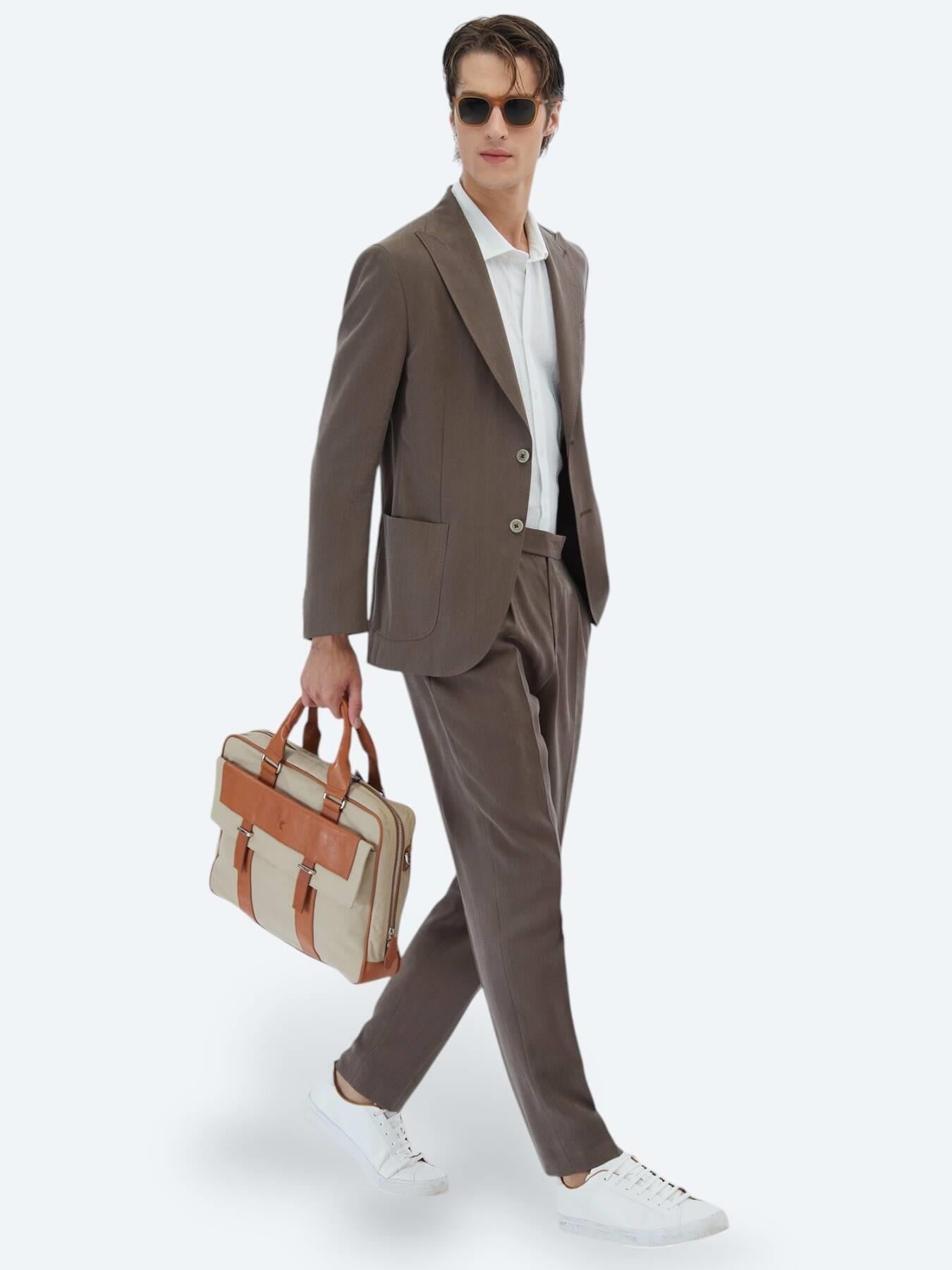 Kahverengi Düz Modern Fit Takım Elbise