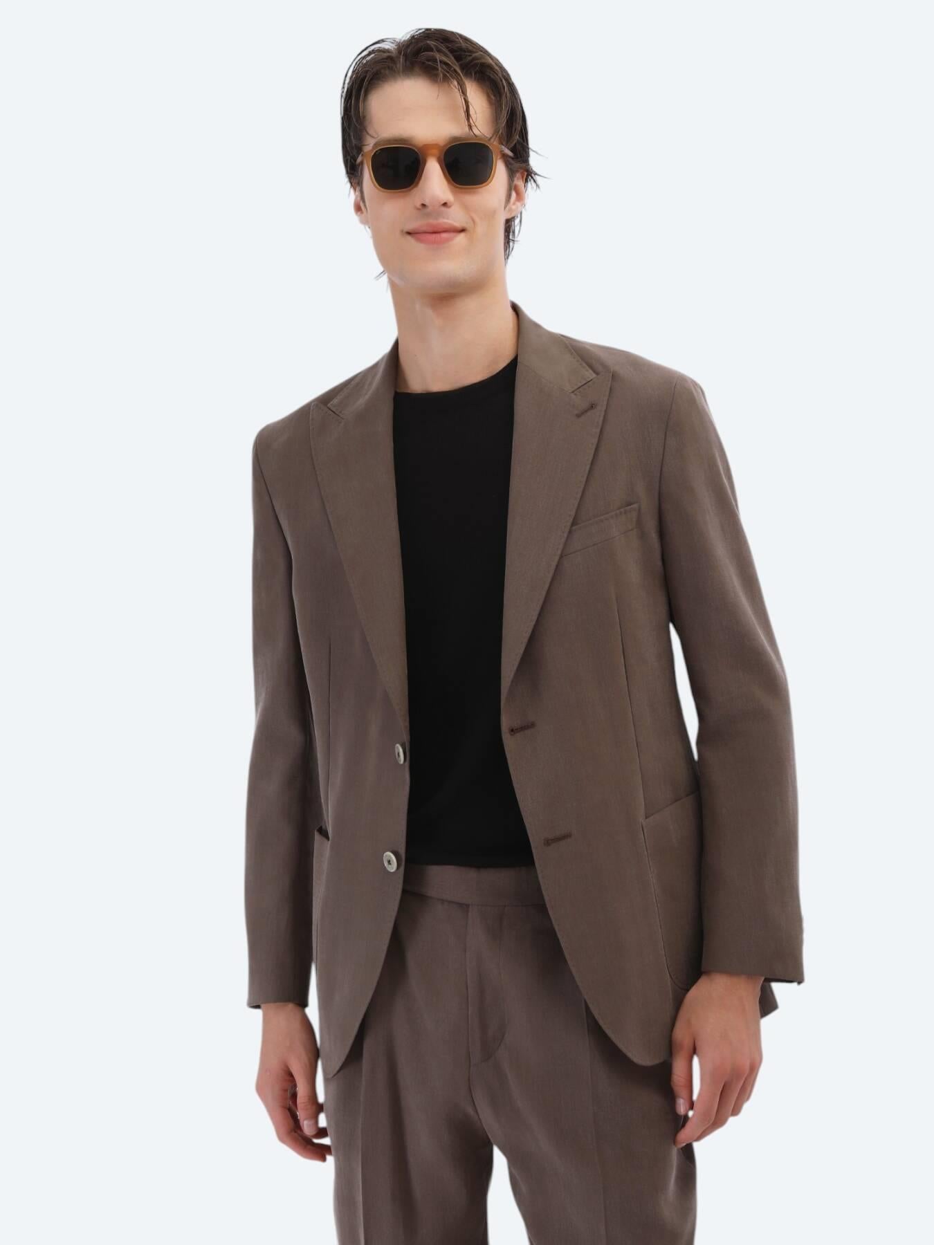 Kahverengi Düz Modern Fit Takım Elbise