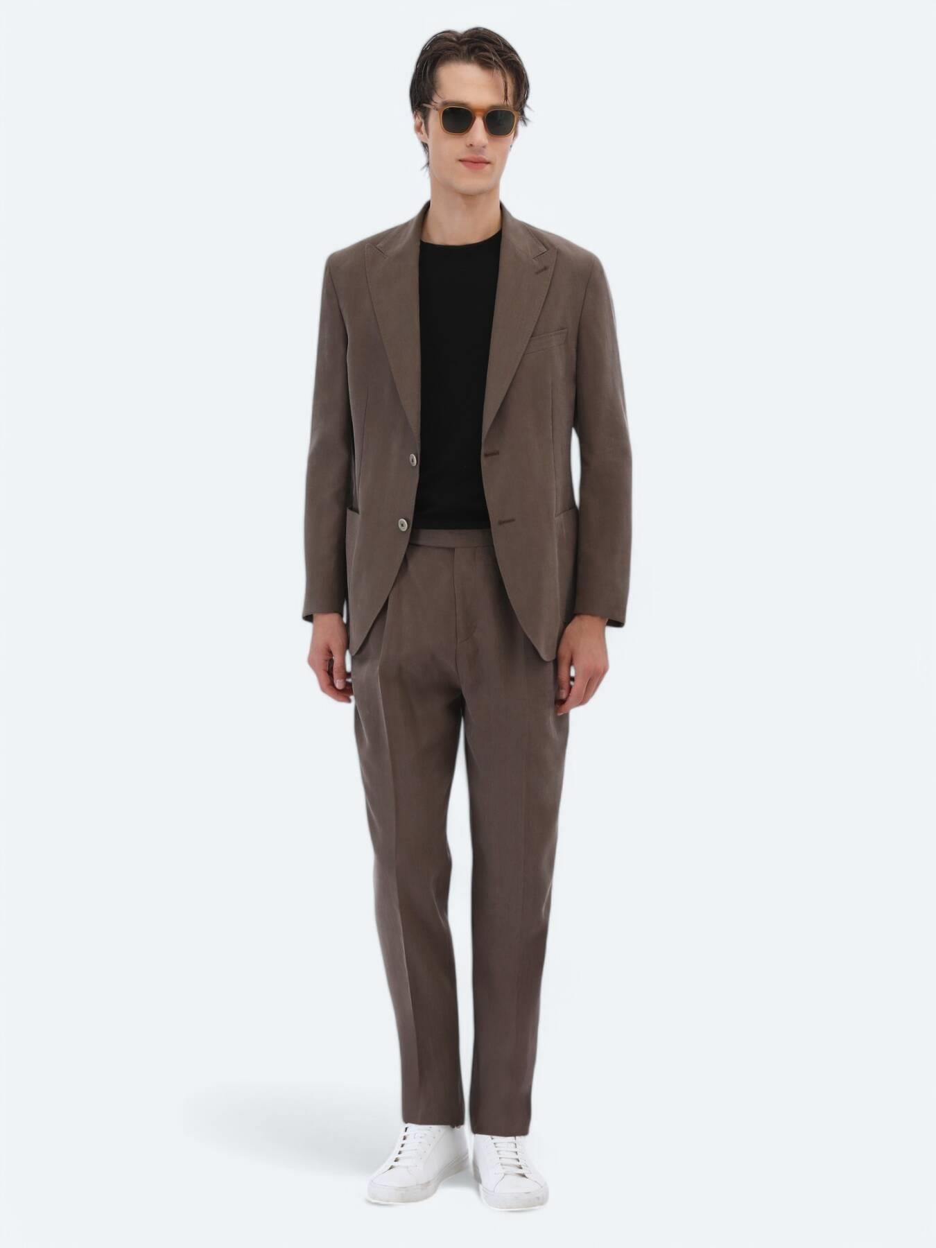 Kahverengi Düz Modern Fit Takım Elbise