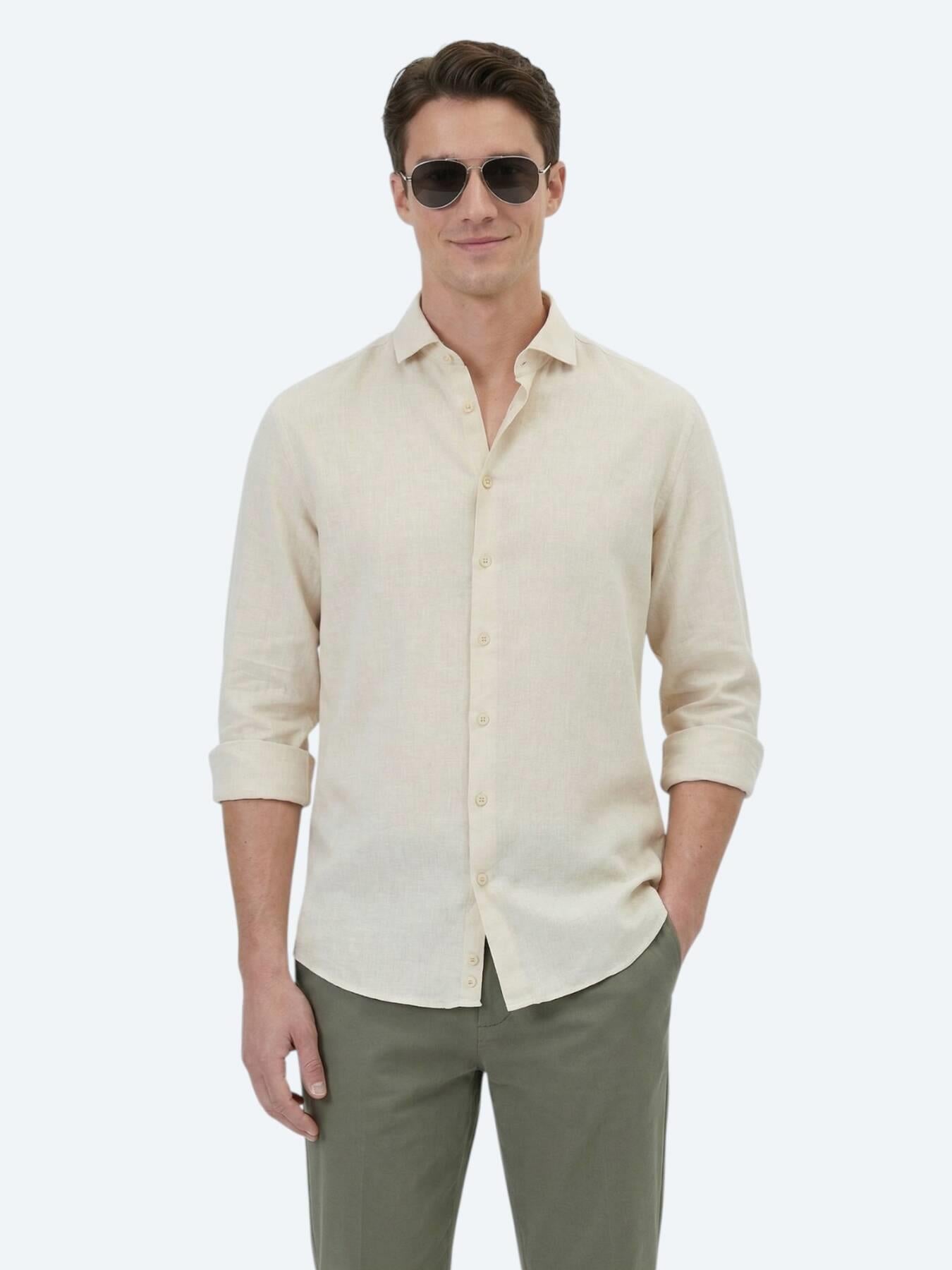 Sarı Düz Regular Fit Uzun Dokuma Casual Pamuk Karışımlı Gömlek