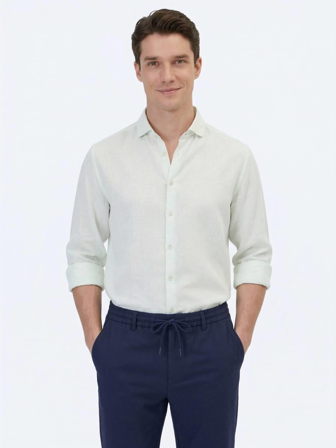 Su Yeşili Düz Regular Fit Uzun Dokuma Casual Pamuk Karışımlı Gömlek