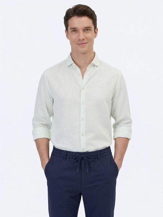 Su Yeşili Düz Regular Fit Uzun Dokuma Casual Pamuk Karışımlı Gömlek