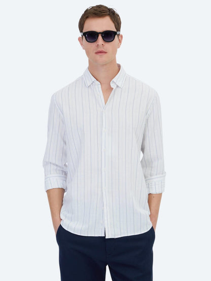 Mavi Çizgili Regular Fit Uzun Dokuma Casual %100 Pamuk Gömlek