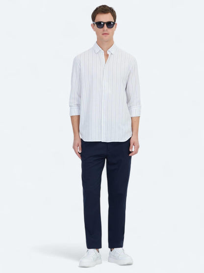 Mavi Çizgili Regular Fit Uzun Dokuma Casual %100 Pamuk Gömlek