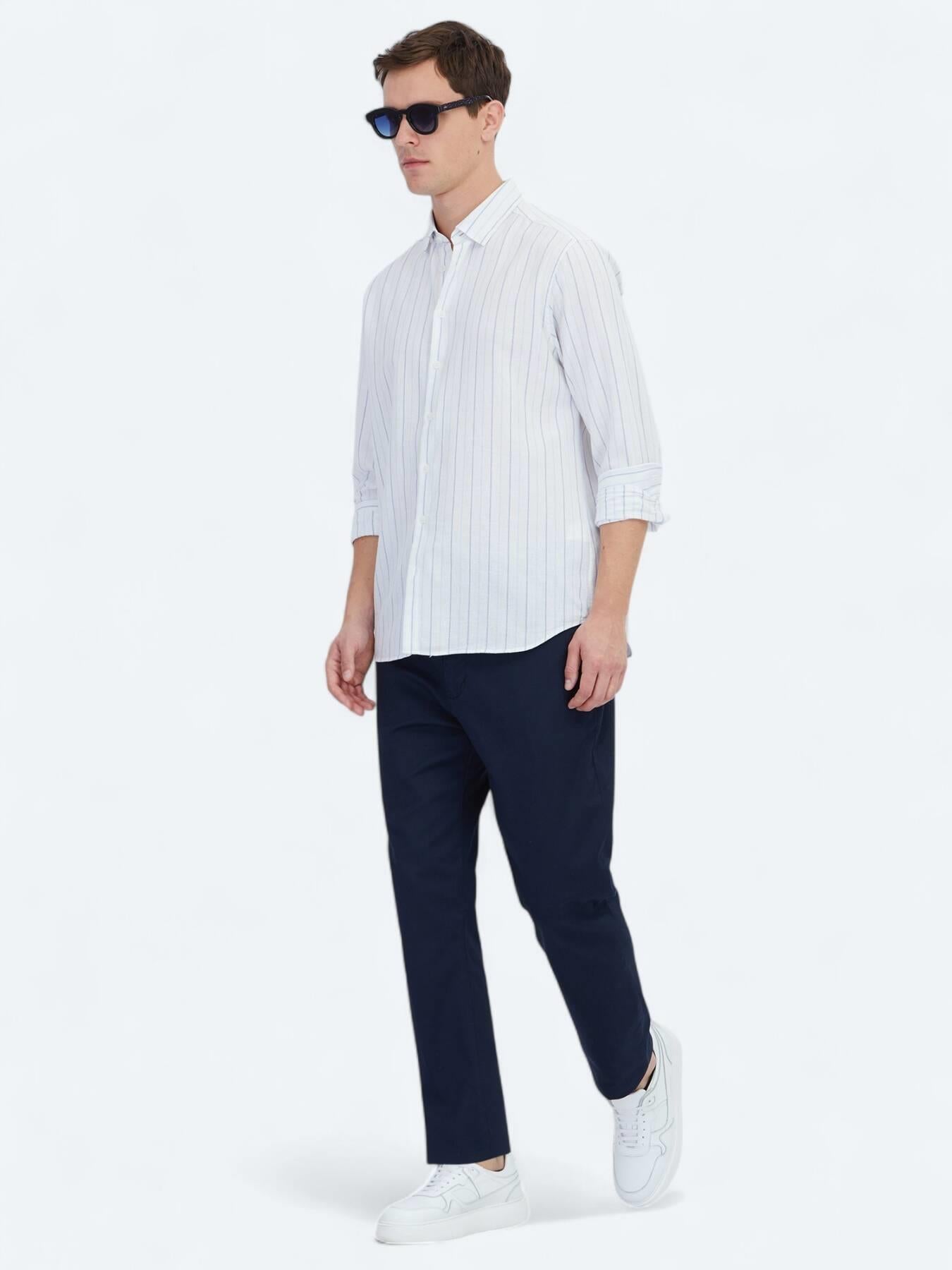Mavi Çizgili Regular Fit Uzun Dokuma Casual %100 Pamuk Gömlek