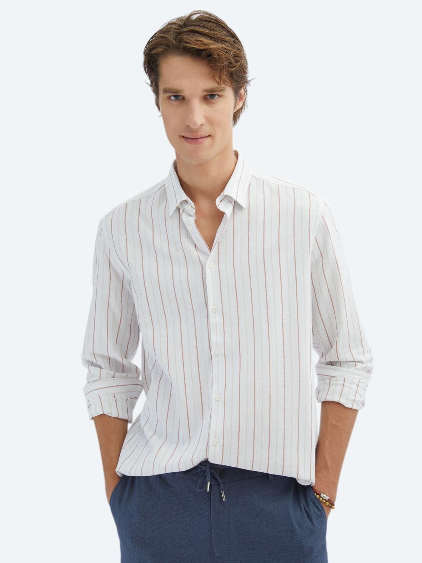 Kiremit Çizgili Regular Fit Uzun Dokuma Casual %100 Pamuk Gömlek