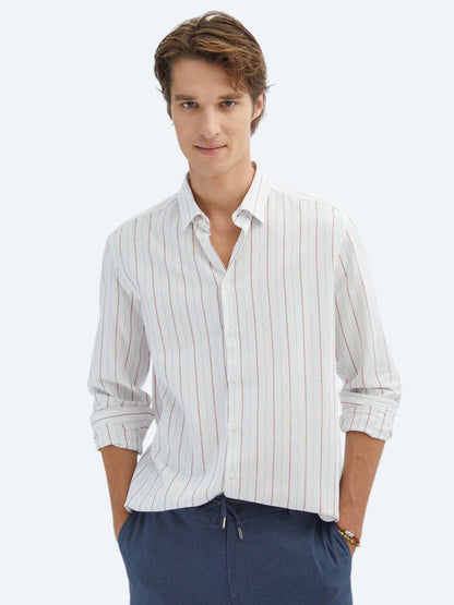 Kiremit Çizgili Regular Fit Uzun Dokuma Casual %100 Pamuk Gömlek