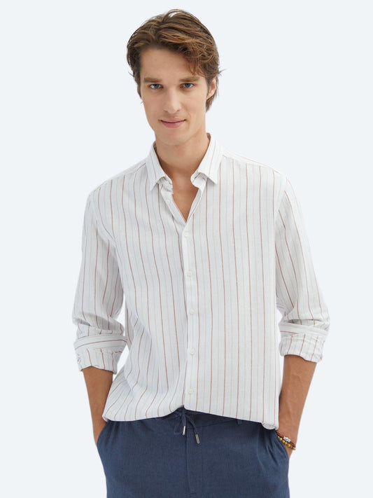 Kiremit Çizgili Regular Fit Uzun Dokuma Casual %100 Pamuk Gömlek