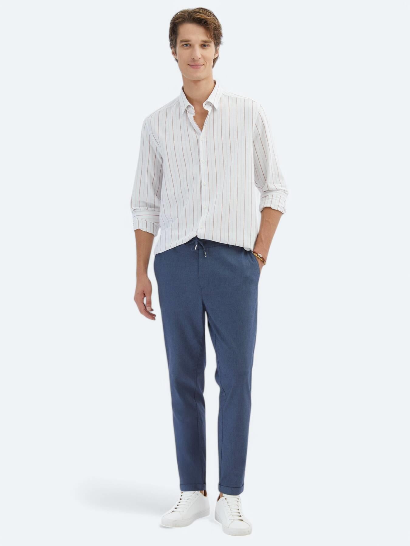 Kiremit Çizgili Regular Fit Uzun Dokuma Casual %100 Pamuk Gömlek