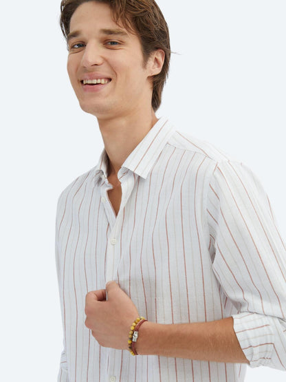 Kiremit Çizgili Regular Fit Uzun Dokuma Casual %100 Pamuk Gömlek