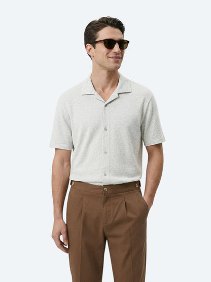 Bej Desenli Regular Fit Kısa Casual Keten Karışımlı Gömlek