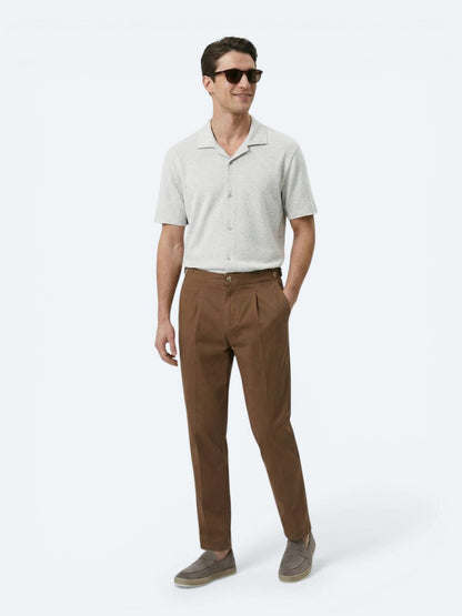 Bej Desenli Regular Fit Kısa Casual Keten Karışımlı Gömlek