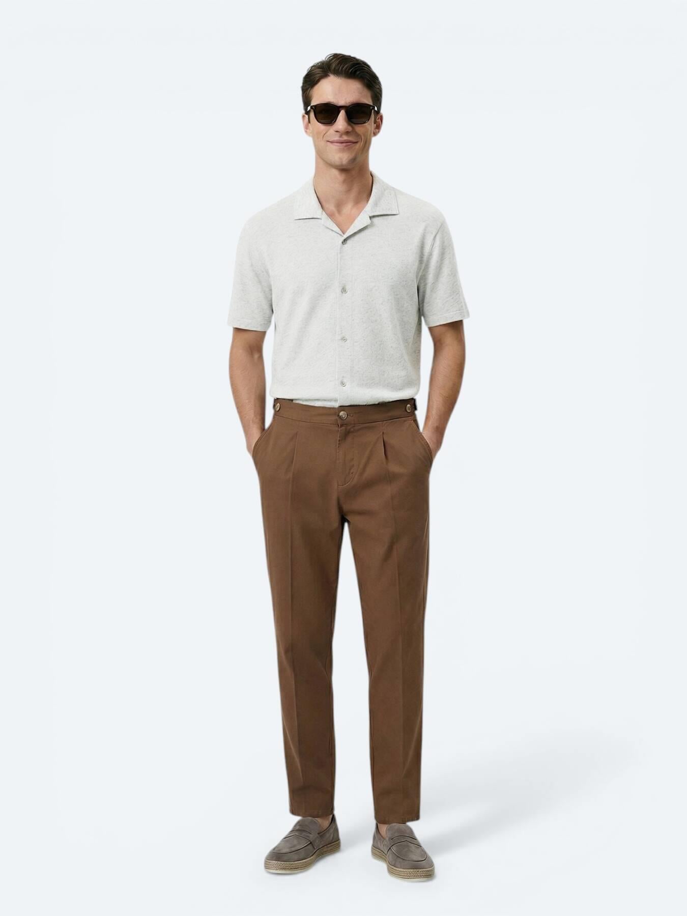 Bej Desenli Regular Fit Kısa Casual Keten Karışımlı Gömlek
