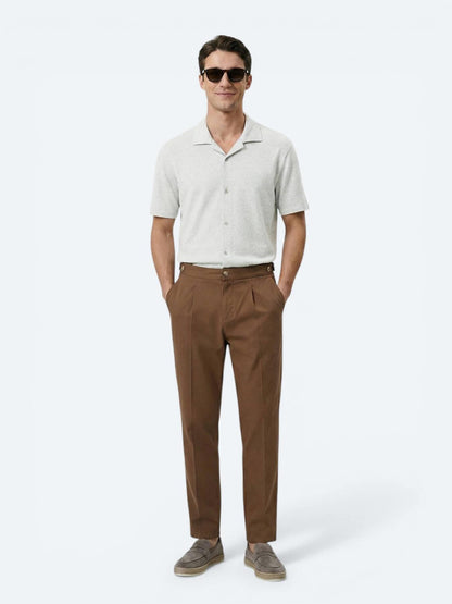 Bej Desenli Regular Fit Kısa Casual Keten Karışımlı Gömlek