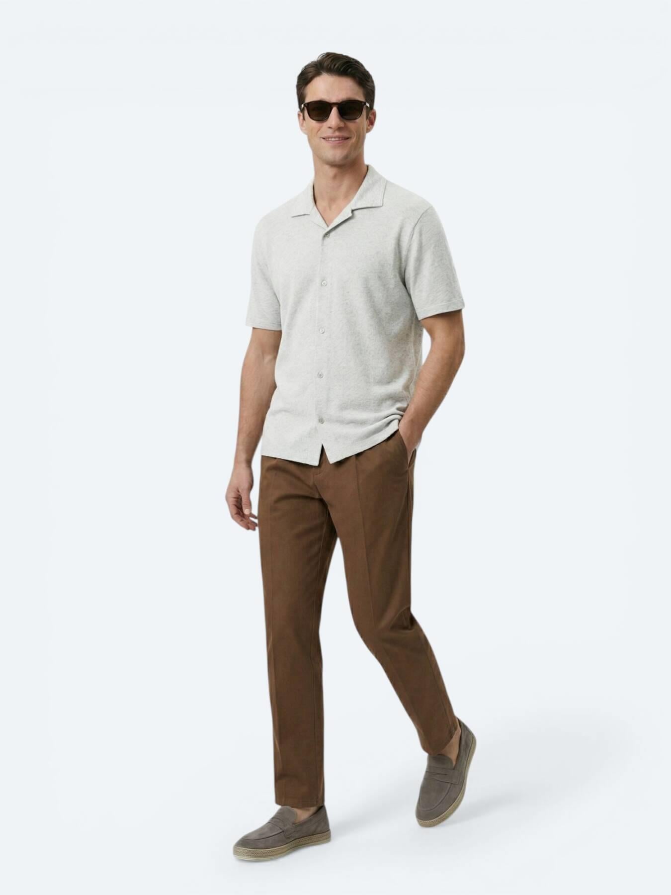 Bej Desenli Regular Fit Kısa Casual Keten Karışımlı Gömlek