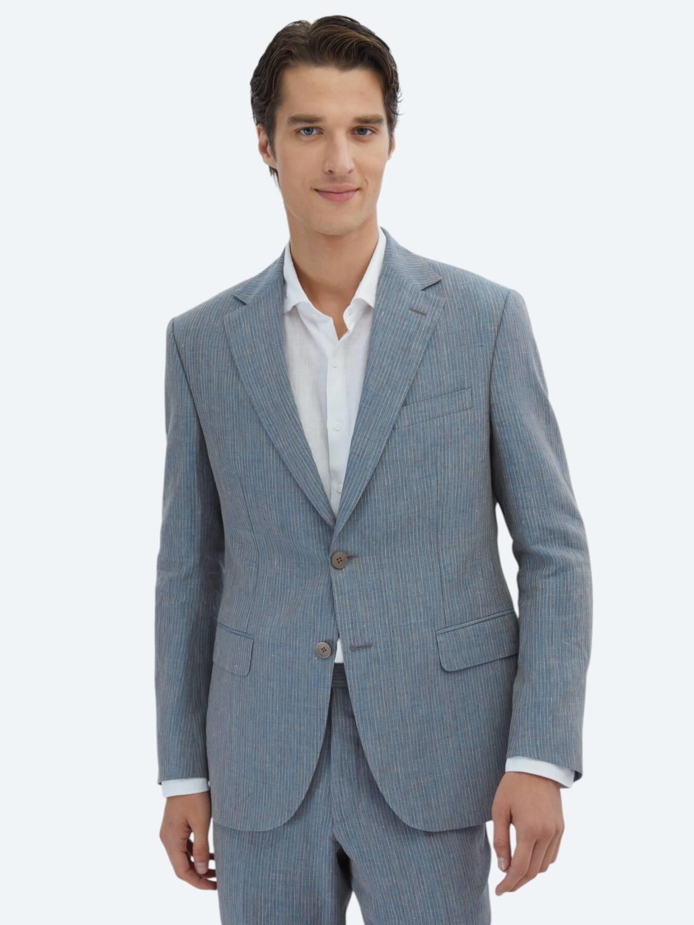 Koyu Mavi Çizgili Modern Fit %100 Keten Takım Elbise