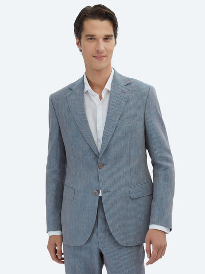 Koyu Mavi Çizgili Modern Fit %100 Keten Takım Elbise