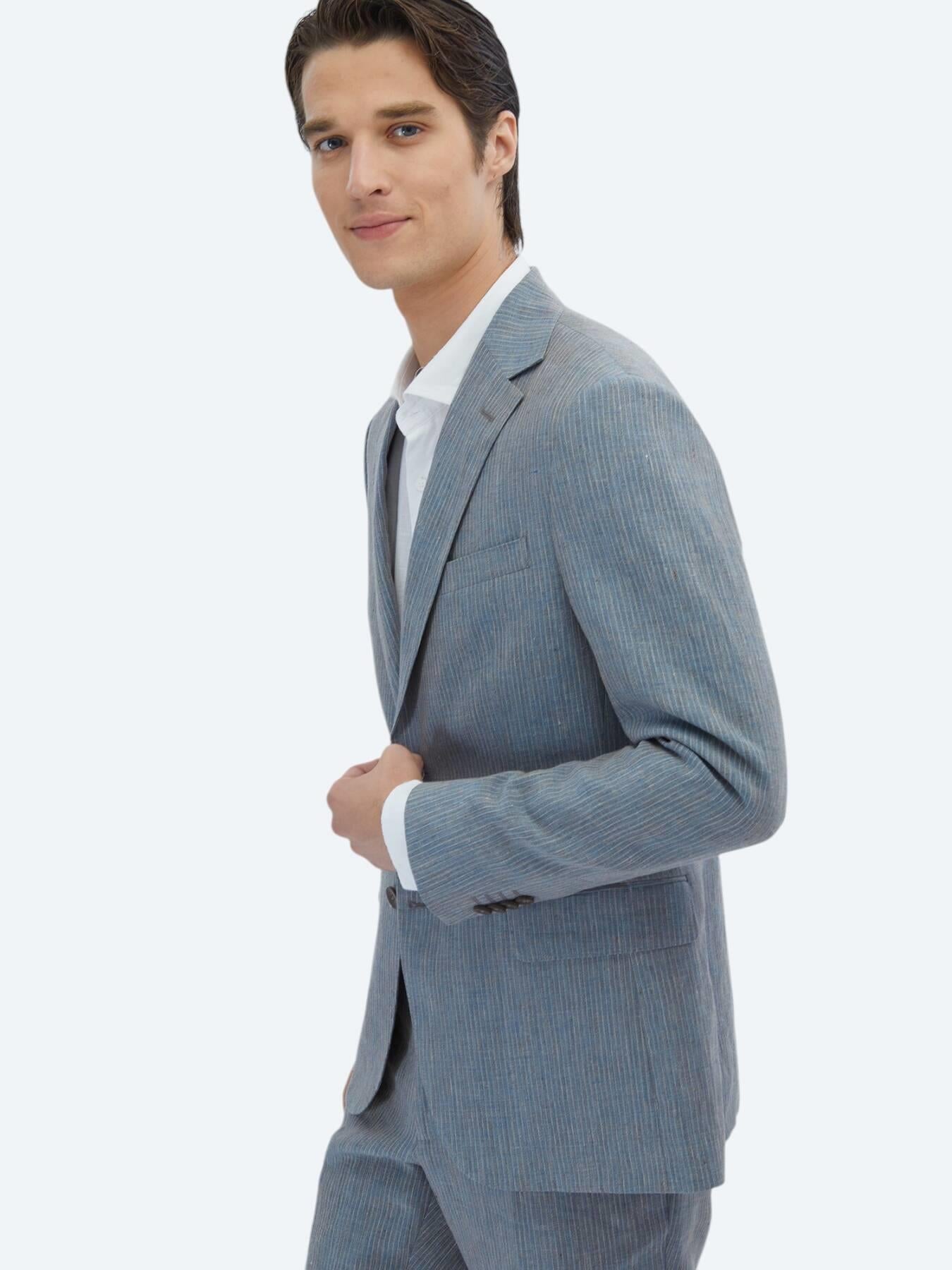 Koyu Mavi Çizgili Modern Fit %100 Keten Takım Elbise