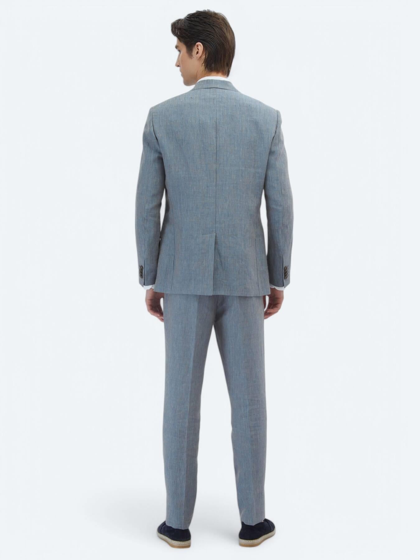 Koyu Mavi Çizgili Modern Fit %100 Keten Takım Elbise