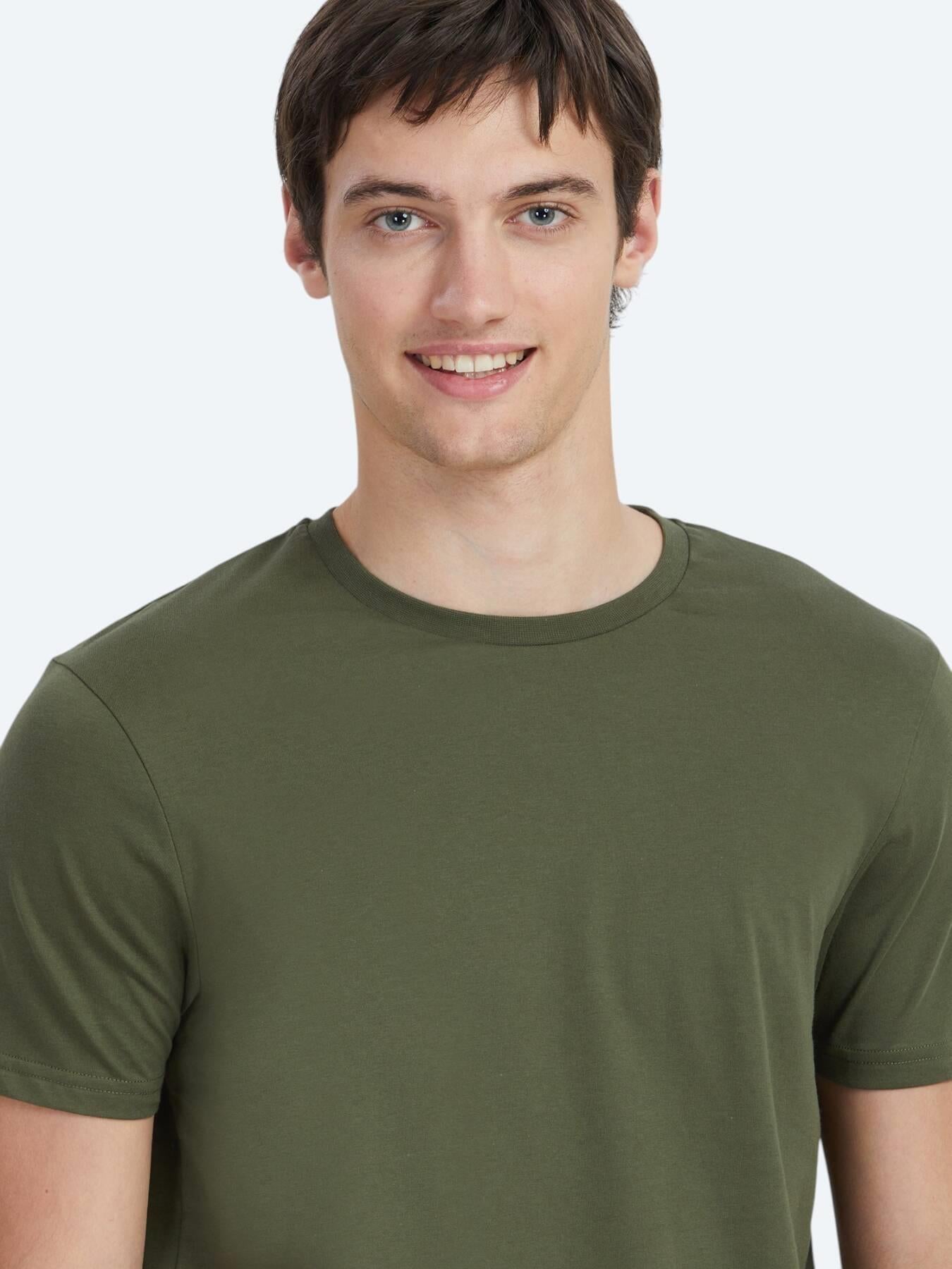 Haki Düz Bisiklet Yaka %100 Pamuk T-shirt