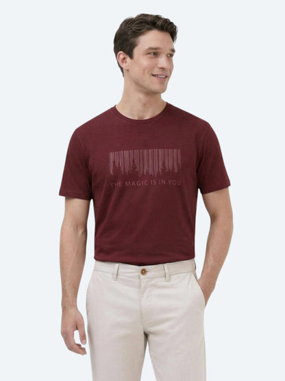Bordo Baskılı Bisiklet Yaka %100 Pamuk T-shirt