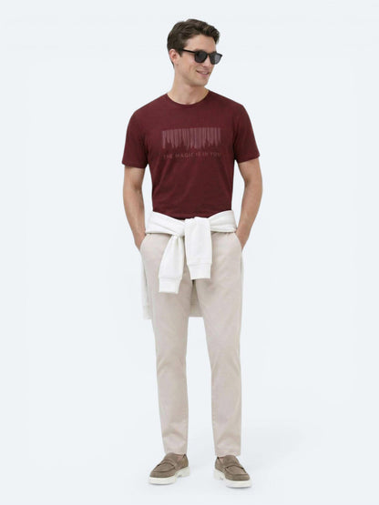 Bordo Baskılı Bisiklet Yaka %100 Pamuk T-shirt