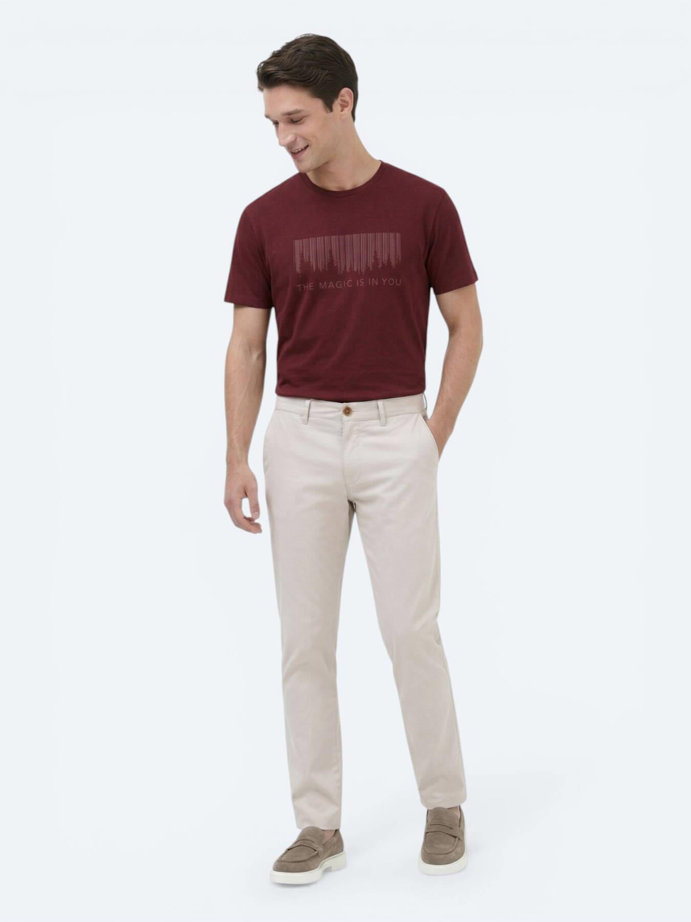 Bordo Baskılı Bisiklet Yaka %100 Pamuk T-shirt