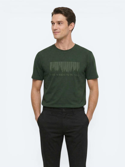 Haki Baskılı Bisiklet Yaka %100 Pamuk T-shirt