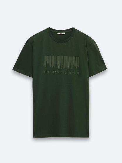 Haki Baskılı Bisiklet Yaka %100 Pamuk T-shirt