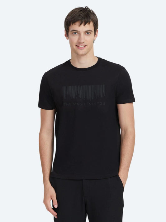 Siyah Baskılı Bisiklet Yaka %100 Pamuk T-shirt