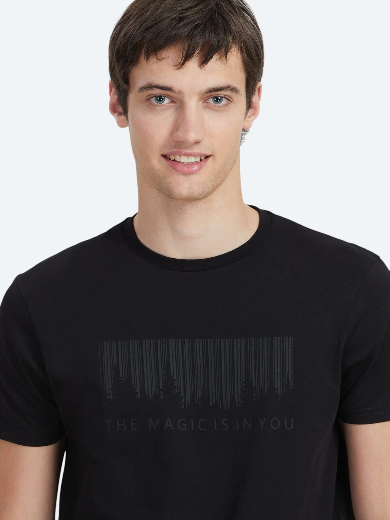 Siyah Baskılı Bisiklet Yaka %100 Pamuk T-shirt