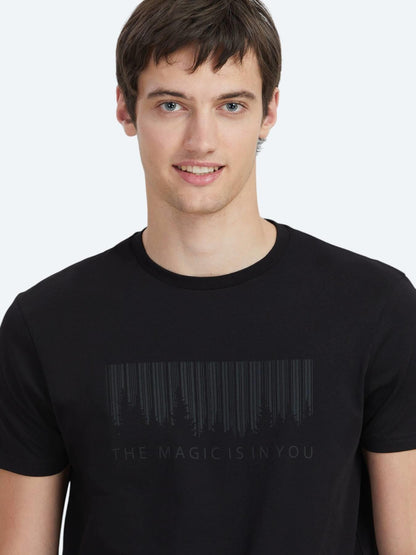 Siyah Baskılı Bisiklet Yaka %100 Pamuk T-shirt
