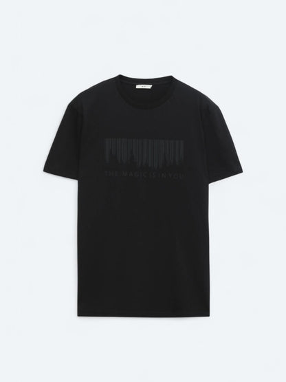 Siyah Baskılı Bisiklet Yaka %100 Pamuk T-shirt