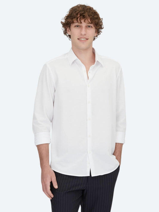 Beyaz Çizgili Regular Fit Uzun Casual Pamuk Karışımlı Gömlek