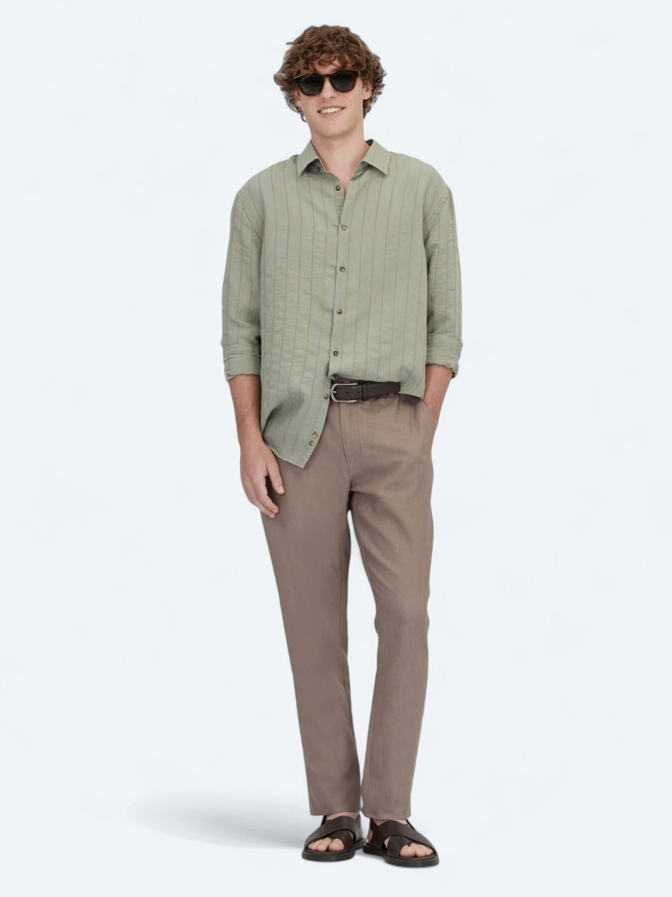 Haki Oversize Fit Uzun Dokuma Casual Gömlek